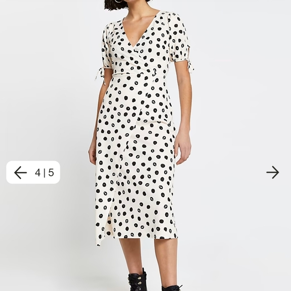 River Island CREAM ASYMMETRIC WRAP MIDI SPOT PRINT DRESS - Picture 4 of 7